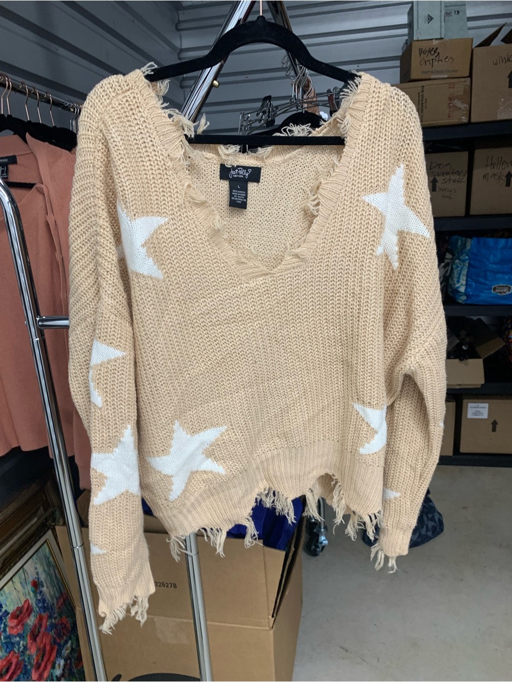 Forever 21 Beige Star V-Neck Sweater with White Stars